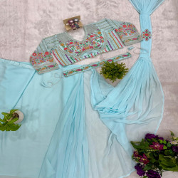 Premium Ready-to-Wear Faux Georgette Drape Saree with Embroidered Blouse & Waist Belt